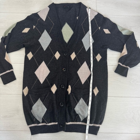 Bogner 100% Wool Knit Argyle Geometric Long Sweater Cardigan Size 10 - Picture 7 of 11